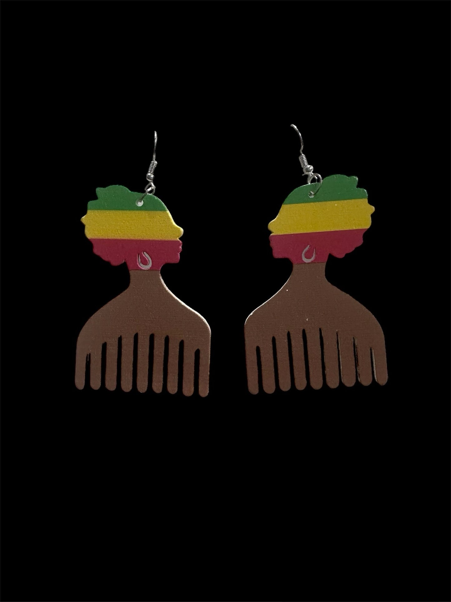 Colorful Lady Head Wooden Pik Comb Earrings