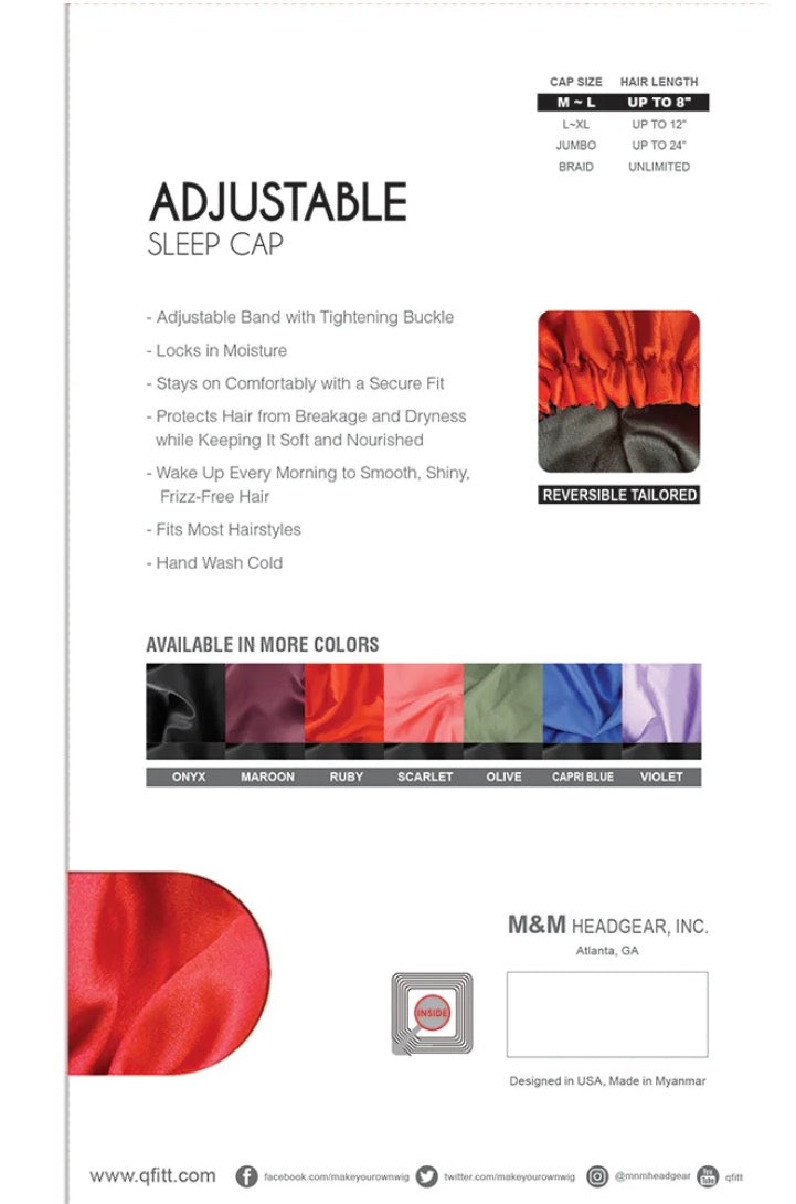 LUX By Qfitt Silky Satin Adjustable Sleep Cap Bonnet M-L Assorted Colors