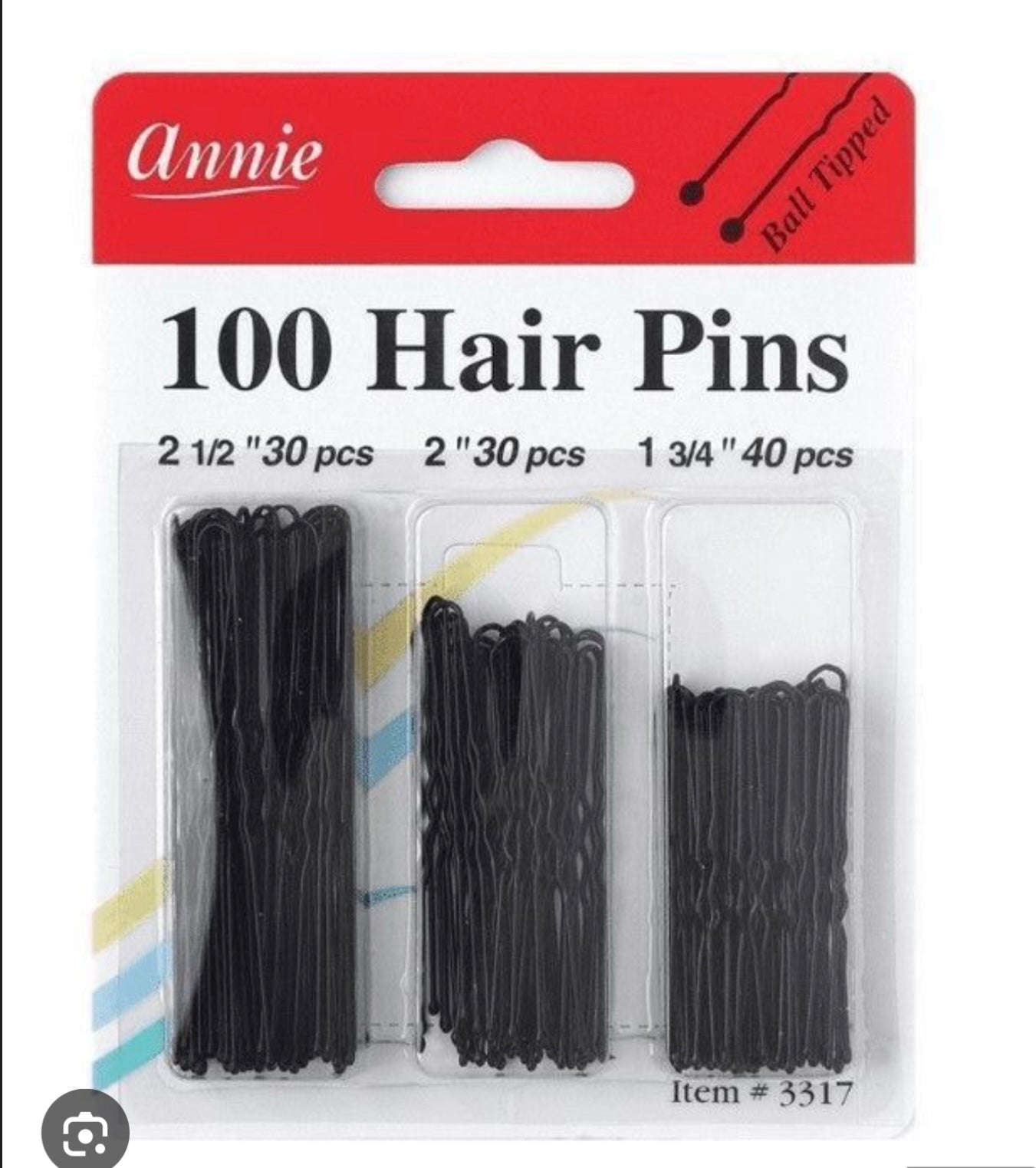 Annie 100 Hair Pins Crimped Black 3 Size Ball Tipped Pin Clips