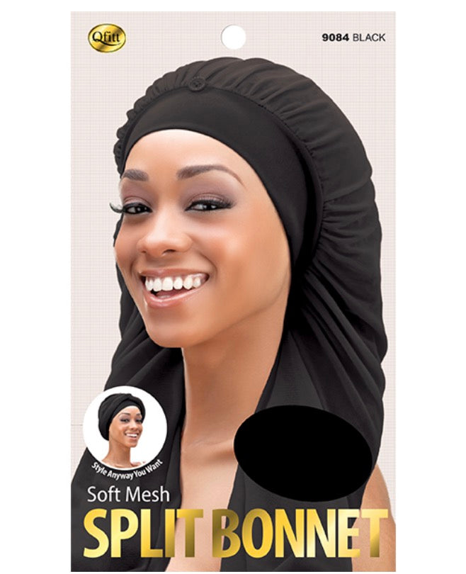 Qfitt Black Soft Mesh Split Bonnet for Braids & Locs