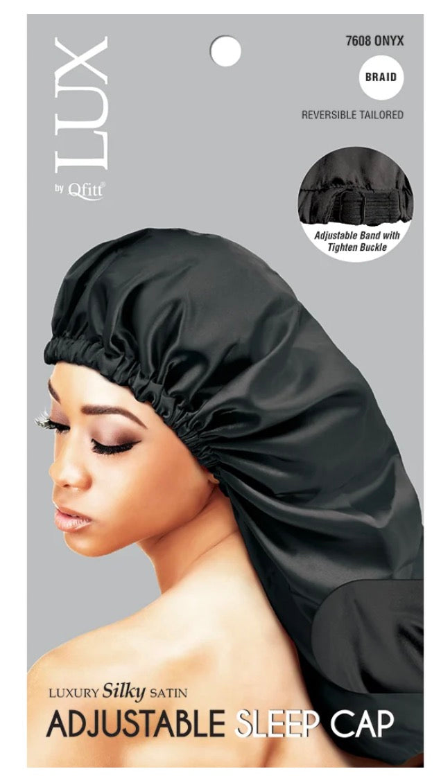 LUX By Qfitt Silky Satin Adjustable Sleep Cap Braid Bonnet Black