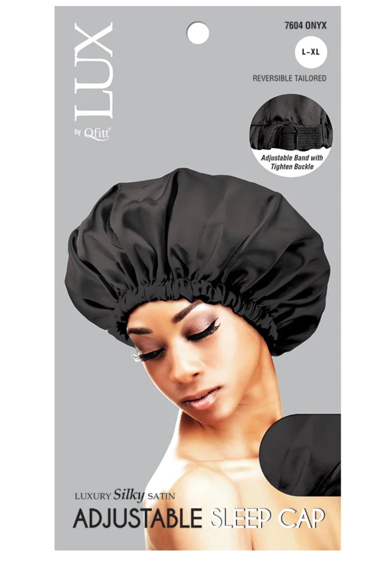 LUX By Qfitt Silky Satin Adjustable Sleep Cap Bonnet L-XL Black