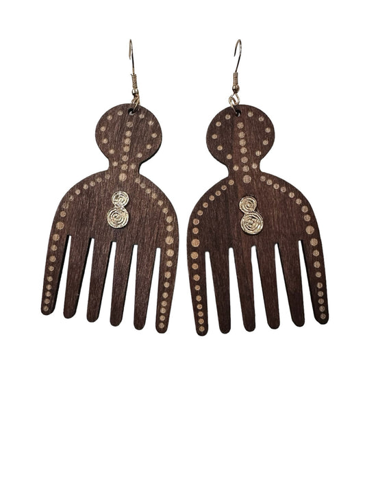 Brown Wooden Pik Comb Earrings