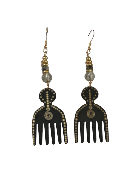 Black Small Wooden Pik Comb Earrings