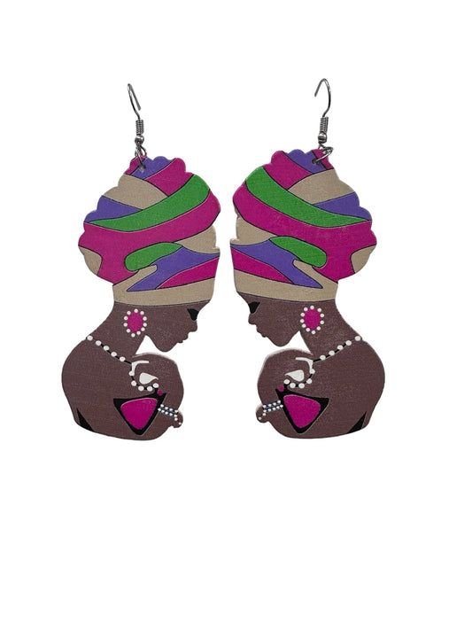 Lady Head Wooden Earrings