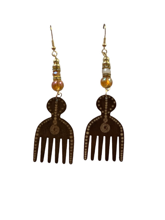 Brown Small Wooden Pik Comb Earrings
