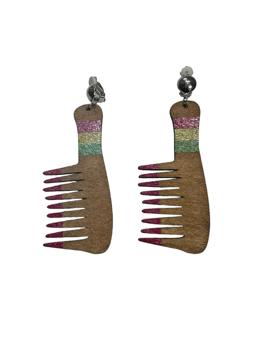 Wooden Comb Clip on Earrings