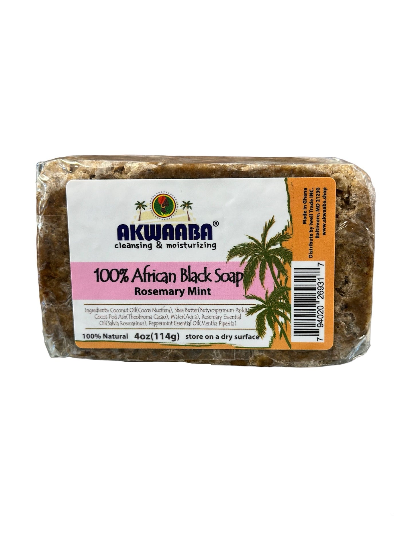 AKWAABA cleansing & moisturizing 100% African Black Soap/Rosemary Mint Ingredients: Coconut Oil(Cocos Nucifera), Shea Butter(Butyrospermum Parkit)