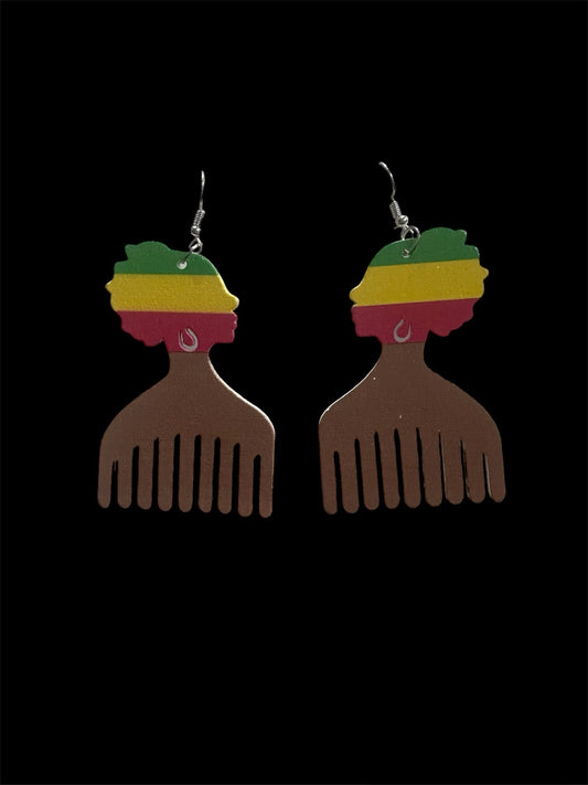 Colorful Lady Head Wooden Pik Comb Earrings