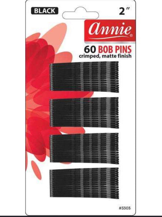 Annie Bob Pins Crimped 2”, 60 Count, Black Bobby Pins 2"