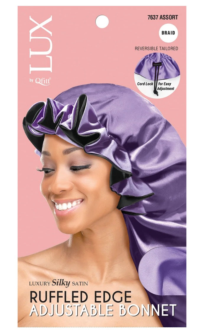 LUX By Qfitt Silky Satin Ruffled Edge Braids Bonnet Assorted Colors