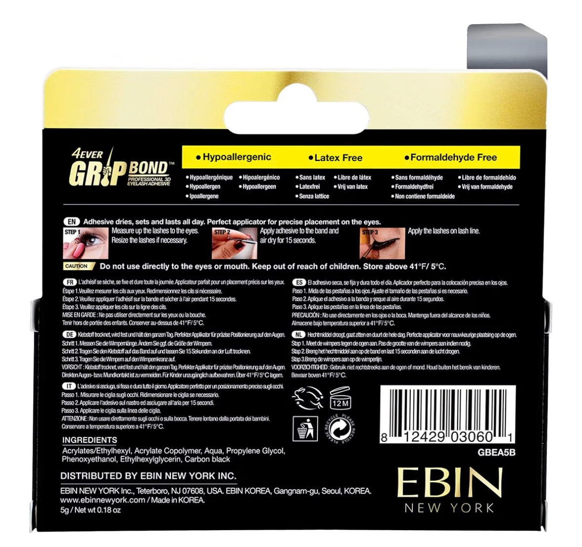 EBIN NEW YORK Grip Bond Eyelash Glue Silicone Black 0.17 oz