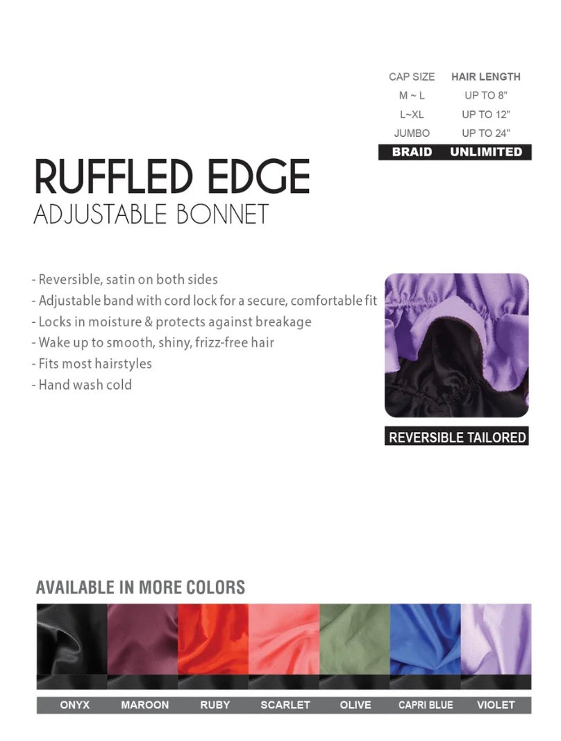 LUX By Qfitt Silky Satin Ruffled Edge Braids Bonnet Assorted Colors